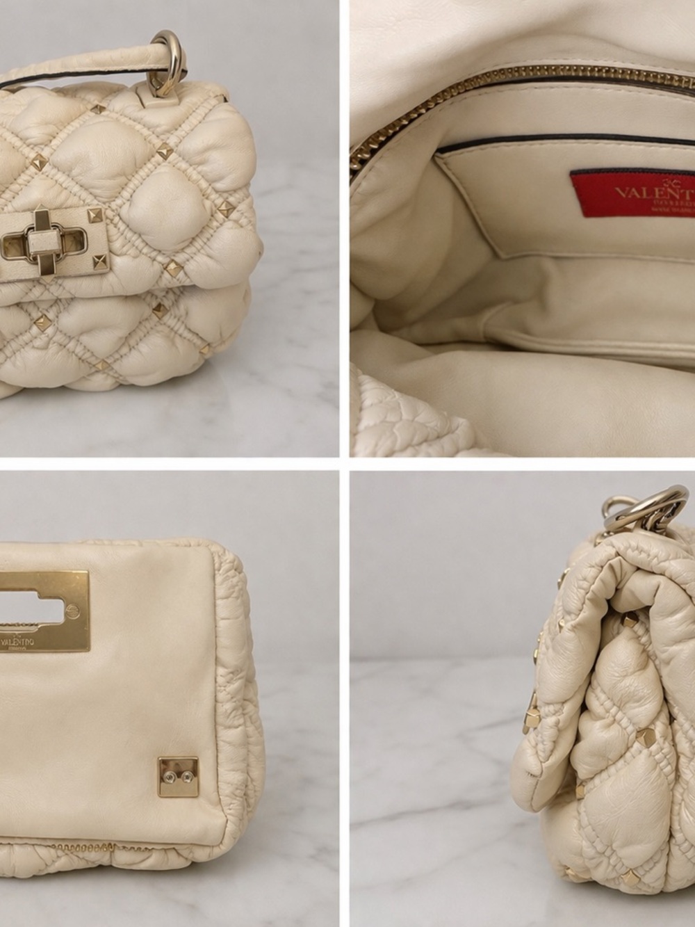 Valentino Garavani Cream Quilted Mini Shoulder Bag with Gold Studs (Authentic)